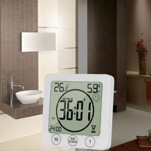 LCD Bathroom Wall Clock Temperature Humidity Countdown Waterproof Shower Timer X4YD