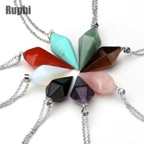 Natural faceted stone rhombic cut hexagonal column fashion Crystal Pendant Necklace Jewelry