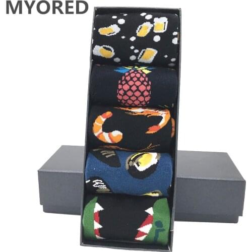 MYORED 5 pair/lot mens socks novelty popular sea food animal fruit cartoon style colorful funny long socks for man wear NO BOX