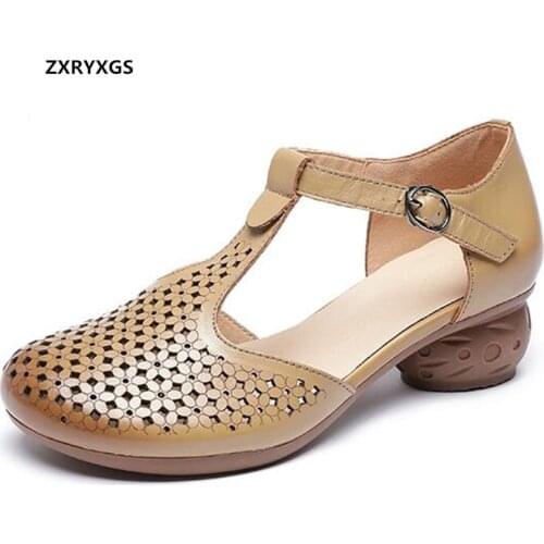 2021 Summer New Style Hollow Genuin Leather Ladies Sandals Thick Mid-heeled Soft Bottom Comfortable Shoes Fashionable Sandals