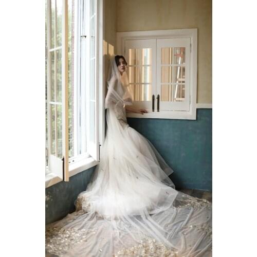 New Arrival Appliques Wedding Veil Gold Lace Edge Long Bride Veil Wedding Accessorie White Or Light Champagne Tulle Bridal Veils