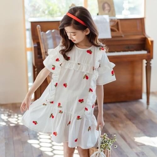 Girls Dress 2021 Summer Cotton Kids Clothes Cherry Print Princess Dresses for Girl Teenage Children Dress 6 8 10 12 14 16 Yrs