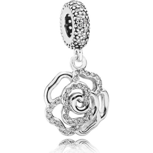 Shimmering Rose Dangle Charm for Women Bracelet Bangle Lady Gift Pendant Authentic S925 Silver DIY Jewelry
