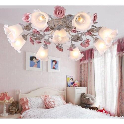 Mediterranean Princess Bedroom Romantic Ceiling Lights Idyllic Living Room Lamp Rose Nordic Flower And Grass Ceiling Lamp