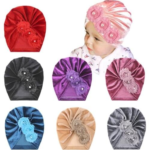 2021 New Pearl Chiffon Shabby Flower Velvet Hat Newborn Autumn Winter Caps For Baby Boy Girls Fashion Hair Accessories