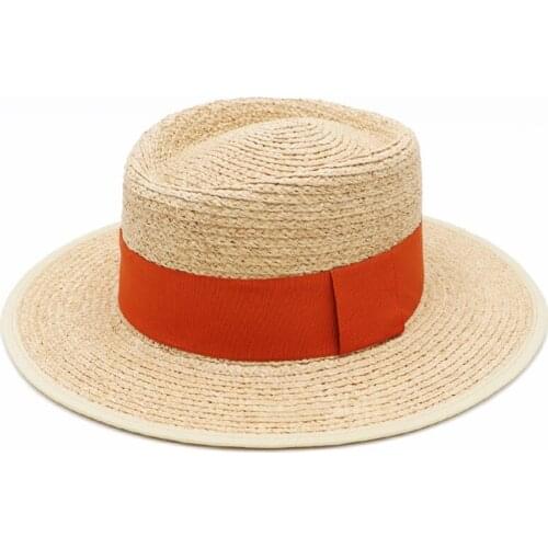 Handmade Solid Color Natural Straw Boater Hat Women Summer Hats Elegant Rinbow Band Skimmer Hats for Men Wide Brim Beach Sun Hat