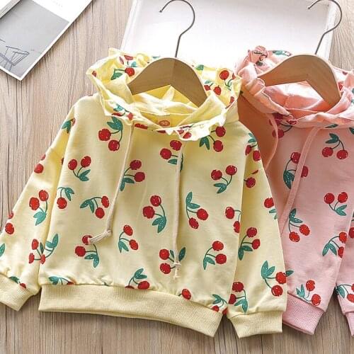 Girls Hoodies Kids Autumn Cherry Printed Hooded Sweatshirt Tops Clothes Children Long Sweatshirt Loose Outerwear Clothes