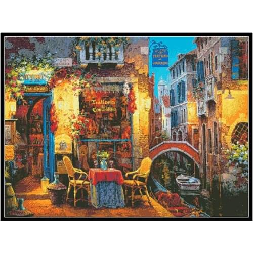 Venice Restaurants Cross Stitch Patterns Kits Printed Canvas Scenery Embroidery Needlework Set 11CT 14CT Diy Home Decor Painting