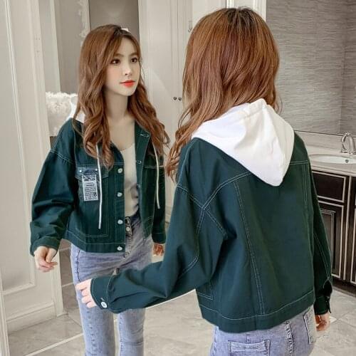 Contrasting Hooded Denim Jacket Womens Spring Autumn Wear 2020 New Korean Fashion Loose All-match Retro Short Jackets Top Tide