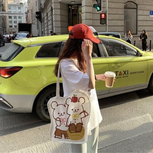 Women Cartoon Canvas Shoulder Bag Cute Bears Printed Solid Color Canvas Handbag Eco Cloth Tote Cute Soft Shopping Bags Ladies