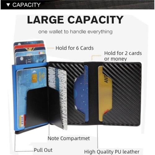 Women Credit card holder carbon PU Leather Wallet Aluminum Automatic Mini Wallet With Back Pocket ID Card RFID Blocking purse