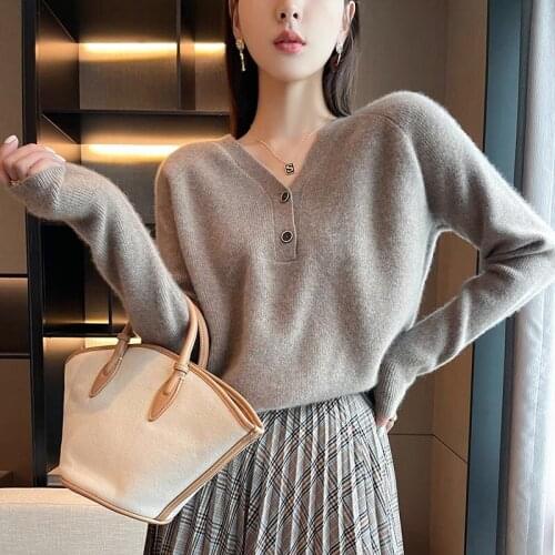 2021 woman winter 100% Cashmere sweaters knitted Pullovers jumper Warm Female V-neck blouse long sleeve clothing