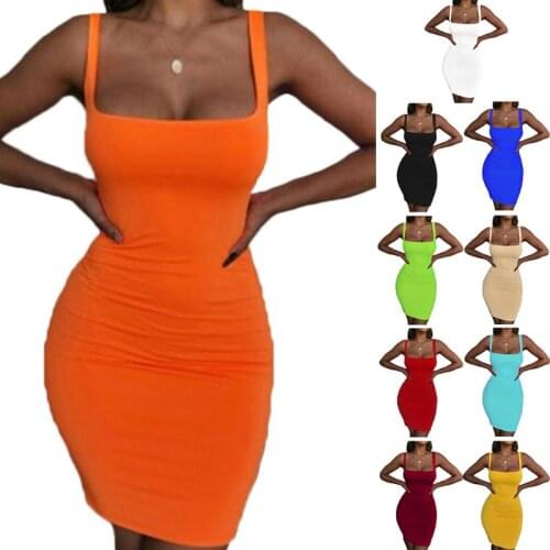 Women Summer Sleeveless Bodycon Mini Pencil Dress Sexy Square Neck Neon Solid Candy Color Stretch Office Lady Party Clubwear