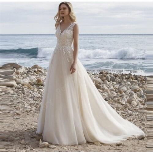 Bohemia Wedding Dress for Bride 2021V Neck Sleeveless Open Back Beach Bridal Gowns Lace Appliques Vestidos De Novia Custom Made