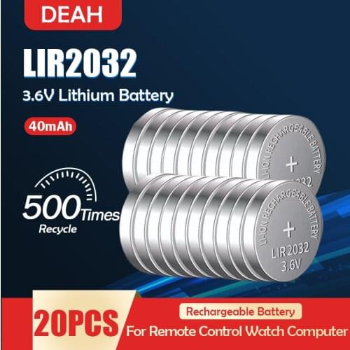 20PCS LIR2032 LIR 2032 3.6V Rechargeable Lithium Battery For Watch Remote Control Scale Button Coin Cell Replace CR2032 ML2032