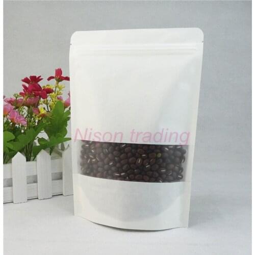 20x30cm,100pcs White Stand up Kraft paper bag with Matte clear window, Reusable ziplock paper pouch self-sealed Food Candy sack