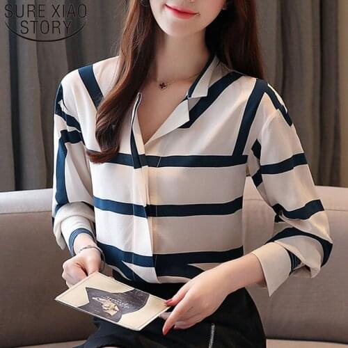 Blusas Mujer De Moda 2021 Ladies Tops Chiffon Blouse Long Sleeve Button V-neck Striped Womens Tops And Blouses Female 5364 50