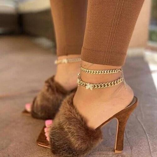 Fluffy Fur Single Band Daily Thin Heel Big Size Warm Women Sandals Square Peep Toe Slip-on Summer Slides Shoes For Lady Slippers