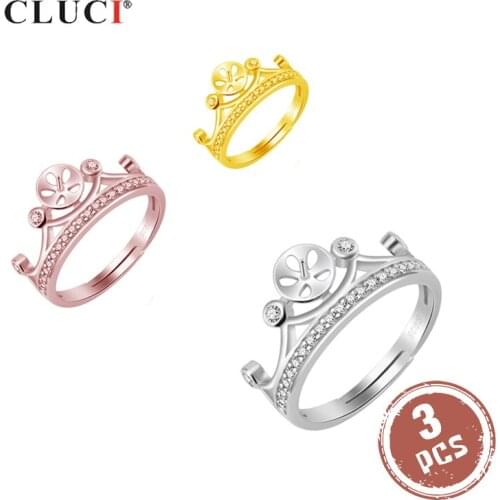 CLUCI 3pcs Silver 925 Crown Shaped Open Rings for Women 925 Sterling Silver Pearl Ring Mounting Crown Adjustable Rings SR2092SB