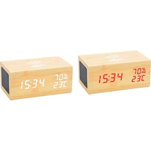 Wood Digital Alarm Clock Bluetooth Speaker Wireless Charging Temperature Humidity,Bedroom Bedside Desk Clocks