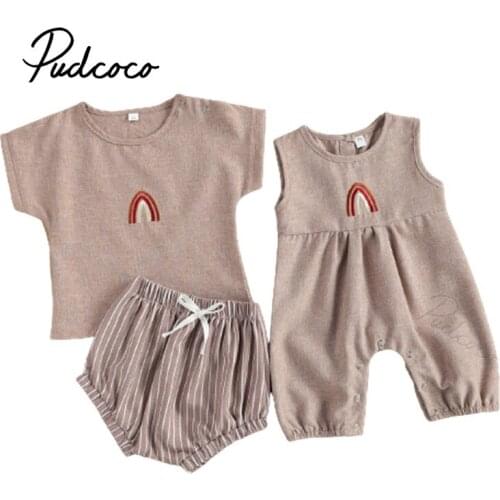 Kids Baby Girl’s Cotton Linen Clothes Embroidery Rainbow Jumpsuit or T-shirt + Shorts Two-Piece Suit Birthday Party Photography