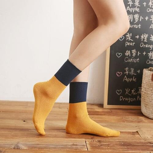 Bottom Color Matching Sock Women 100% Cotton Socks High Quality Autumn Winter Rib Top Paddy Daily Colorful Soft Lady Girl