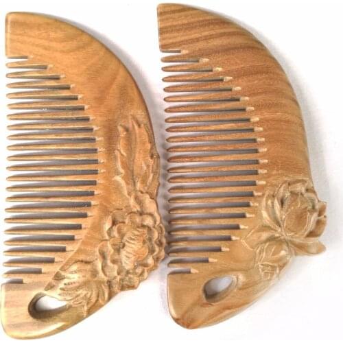 MC Chinese Style Peony Flower Wooden Comb Carving Nature Green Sandalwood Massage Health Care Combs Hair Brush Comb For Hair