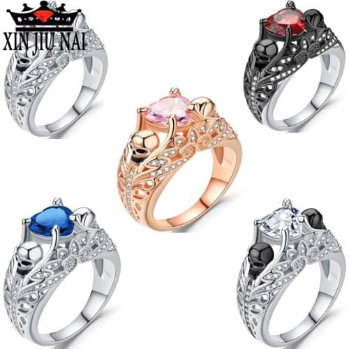 Hainon Silver Color Rings Vintage Skull&flower CZ Cubic Zirconia Fashion Punk Cool men Jewelry For Women rings for women