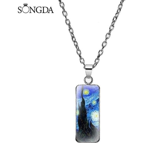 Classic Van Gogh The Starry Night Art Paintings Pattern Rectangular Pendant Necklace Sunflower Photo Necklaces For Women Gifts