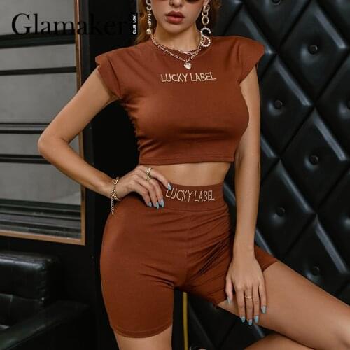 Glamaker Brown two piece suit Women crop top with shoulder pads and embroidery shorts casual playsuit Female super elastic sets