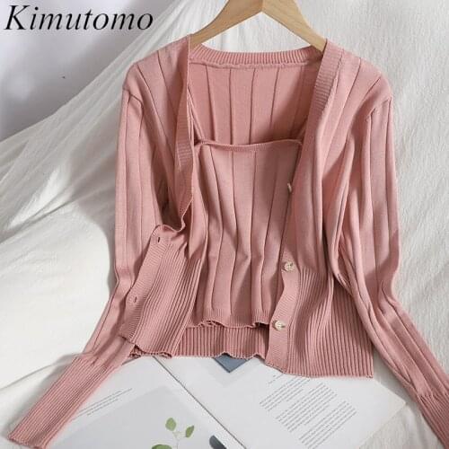 Kimutomo Women Sets 2021 Spring Clothes Slim V-neck Long Sleeve Cardigan + Solid Color Sling Knitted Top Two-piece Suit Causal