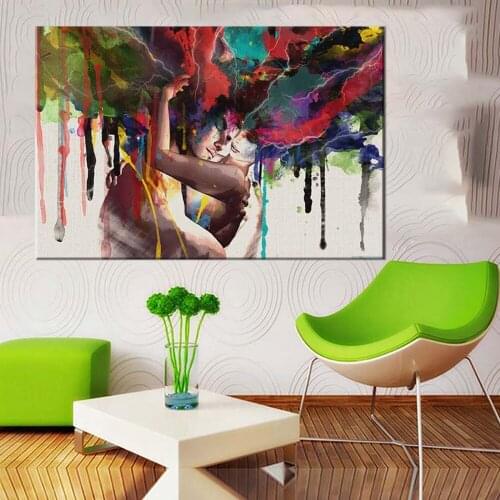 Colorful Abstract Pop Art Women and Men Banksy Graffiti Paintings Wall Art Canvas Prints Posters Couple Huging Wall Decor Pictur