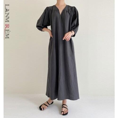 LANMREM Korea New Cotton And Hemp Dress 2021 Womens Long Length V Neck Solid Color Large Size Dresses 2D6099