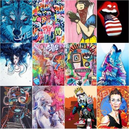 5D Diy Full Drill Diamond Painting Kit Graffiti Wolf Figure Portrait Lips Diamond Embroidery Cross Stitch Mosaic Rhinestone