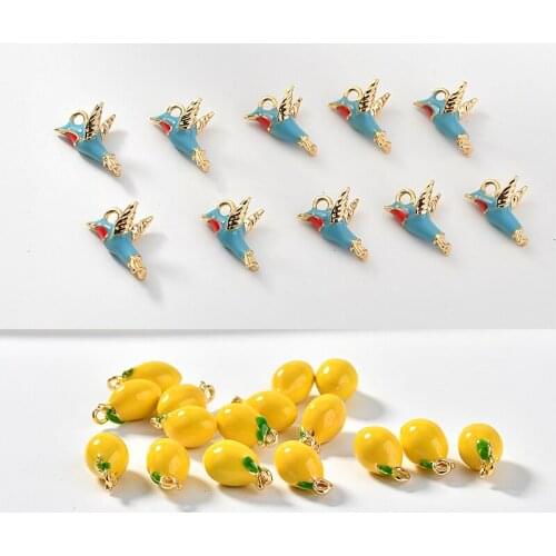Newest 10pcs/Lot Kawaii Enamel Alloy Animal Bird Charms 3D Oil Drop Fruit Lemon Shape Earring Necklace Pendant Floating Charms