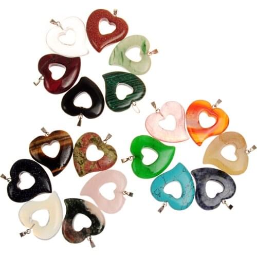 6pcs Natural Double Heart Necklace Pendant Crystal Oplaite Elegant Jewelry For DIY Making Necklace Healing Meditation Pendulum