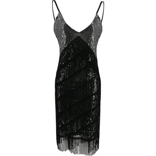 Stunning Stage Dance Costume Tiered Tassel V-Neck Fringe Dress 1920s Great Gatsby Dress Flapper Party Sequin Cami Dress
