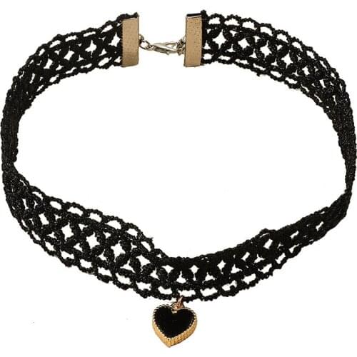 QiLuxy Double Layered Hollow Black Lace Gothic Choker Necklace for Women Vintage Heart Star Pendant Necklaces Sexy Party Jewelry
