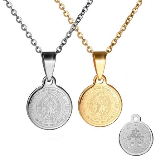 Virgin Mary Pendant Religious Necklace Catholic Stainless Steel Prayers Carved Coin Necklace Jewelry Metal Black Gold For Women