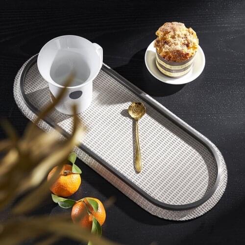 Luxtry Oval Beige Leather Tray With Brushed Stainless Steel Metal Cosmetics Jewelry Storage Tray Plate Dressing Table Room Decor