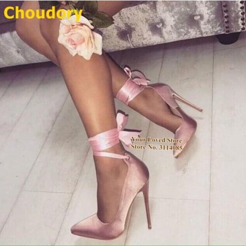 Choudory Pink Red Satin Cloth High Heel Shoes Lace-up Pointed Toe Silk Dress Pumps Graceful Wedding Shoes Size46 Dropship