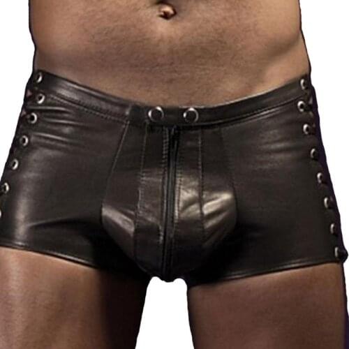 Sexy lingerie Hot Mens Latex PVC Bondage open crotch leggings Shorts Gothic Fetish Gay Faux Leather Lace Up short pants clubwear