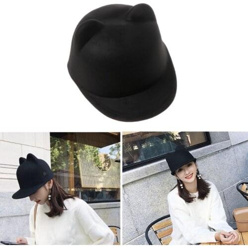 Equestrian wool hat Winter Women Girl Wool Derby Devil Hat Cute Kitty Cat Ears Bowler Cap UNS-OKLE