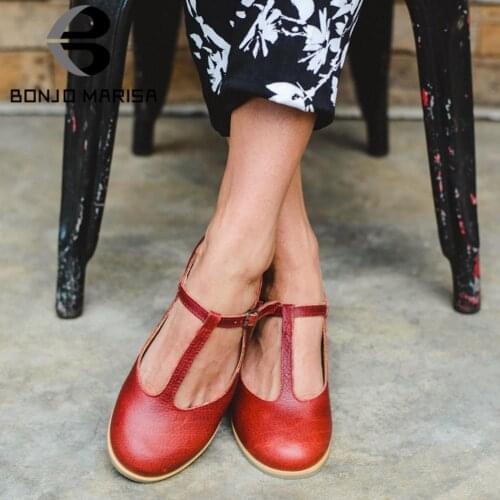BONJOMARISA New INS Retro Casual T-strap Flats Daily Elegant Solid Leisure Flats Women 2020 Casual Low Heels Shoes Woman
