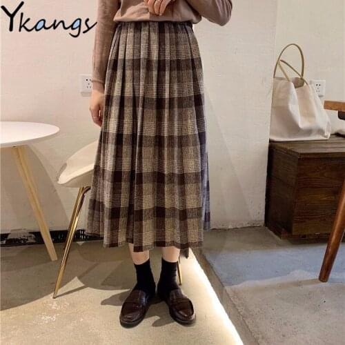 High Waist Vintage Plaid Midi Skirts Women Winter Thicken Warm Pleated Skirts Harajuku Saia Mori Girl Cute Lolita Autumn Skirt