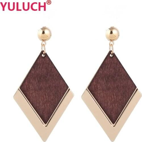 YULUCH The Latest Brand Luxury Design Rhombus Alloy Inlaid Wooden Stud Earring for Model Ladies Popular Earrings Jewelry