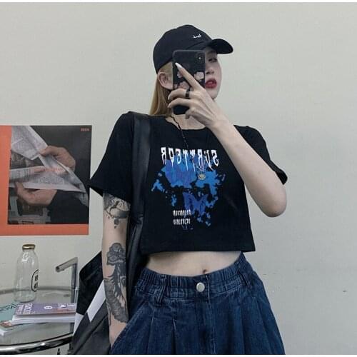 Summer Retro Butterfly Print Short T-shirt Women 2021 New Korean O-neck Slim Short Sleeve Tee Shirt Femme Crop Top Women