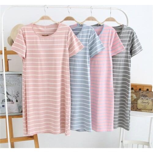 Womens Summer Knit Cotton Nightgown Soft Female O-neck collar night dress Short Sleeve Stripe Sleep Skirt with wireless bras