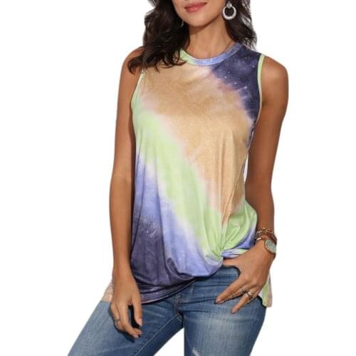 Women Sleeveless Tank Top Gradient Tie-Dye Twisted Knot Front Loose Tunic Shirts F42F