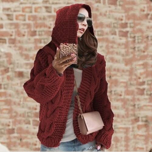 Women Autumn Winter Twist Hooded Sweater Coat Knitted Cardigan Jacket Oversized Loose Long Sleeve Outwear